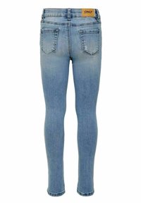 Vaqueros skinny en denim de lavado claro, con cierre de botón y cremallera, bolsillos traseros y una etiqueta de marca en la cintura.