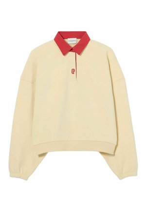 Pullover beige a maniche lunghe con colletto rosso e piccolo logo rosso sul davanti, polsini elastici e vita a coste.