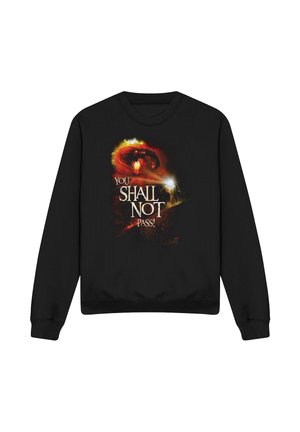 Black sweatshirt with a glowing wizard holding a staff facing a fiery dragon and text saying "YOU SHALL NOT PASS!"