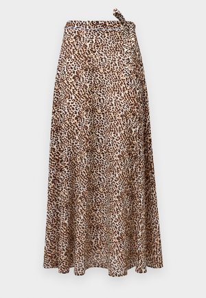 Leopárdmintás maxi szoknya könnyű anyagból. Kötős derékpánttal, légies szabással és a boka alá érő szegéllyel rendelkezik. Földszínek dominálnak.