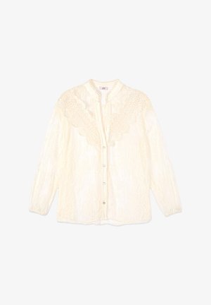 Langærmet bluse i cremefarve med blonde detaljer på skuldrene og foran, knaplukning og rund krave.