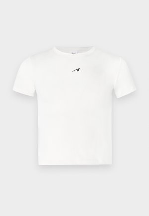 White cotton t-shirt with a crew neck, short sleeves, and a small black logo on the chest. Smooth texture and classic fit.