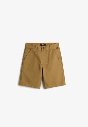 Braune Baumwollshorts mit klassischem Design, Reißverschluss, Fronttaschen und einem Vans-Logo-Tag am Bund. Standardlänge und -passform.