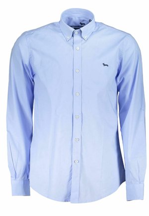 Light blue long-sleeve button-up shirt with button-down collar and small dark dog logo embroidered on left chest.