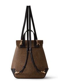 Brown textured leather backpack with black adjustable straps, gold clasps, and black corner reinforcements on a white background.