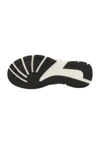 Černá gumová podrážka boty s bílými akcenty, s hlubokými vzory a žebry pro lepivost a flexibilitu. "DOCKERS BY GERLI" potisk na boku.