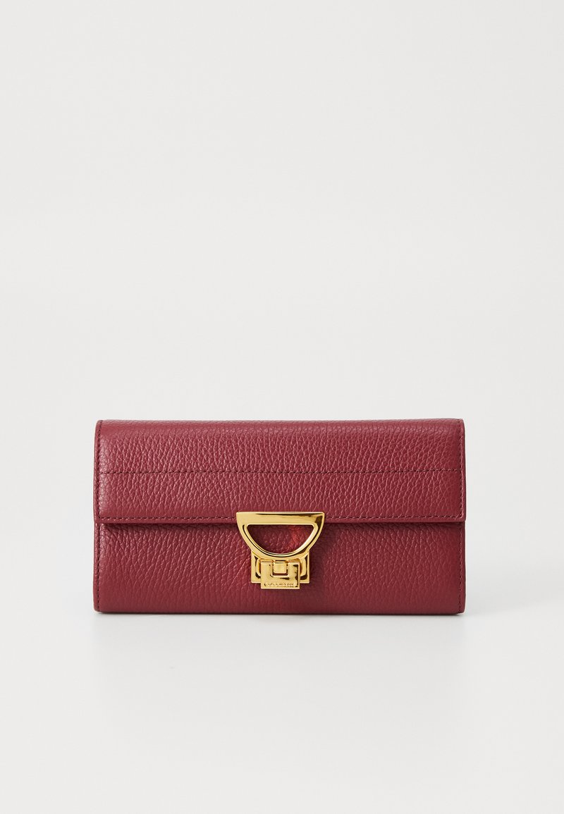 Burgundy textured leather wallet with a gold-tone clasp closure, rectangular shape, and clean stitching on a white background.