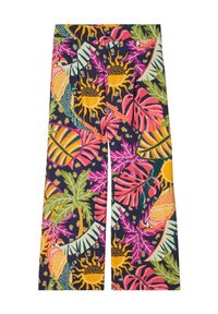 Kleurige wijde broek met een zwarte achtergrond en levendige bloemen- en zonpatronen in roze, oranje en groen. Gemaakt van lichtgewicht stof.