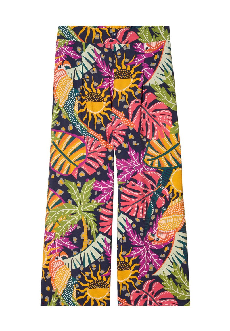 Kleurige wijde broek met een zwarte achtergrond en levendige bloemen- en zonpatronen in roze, oranje en groen. Gemaakt van lichtgewicht stof.