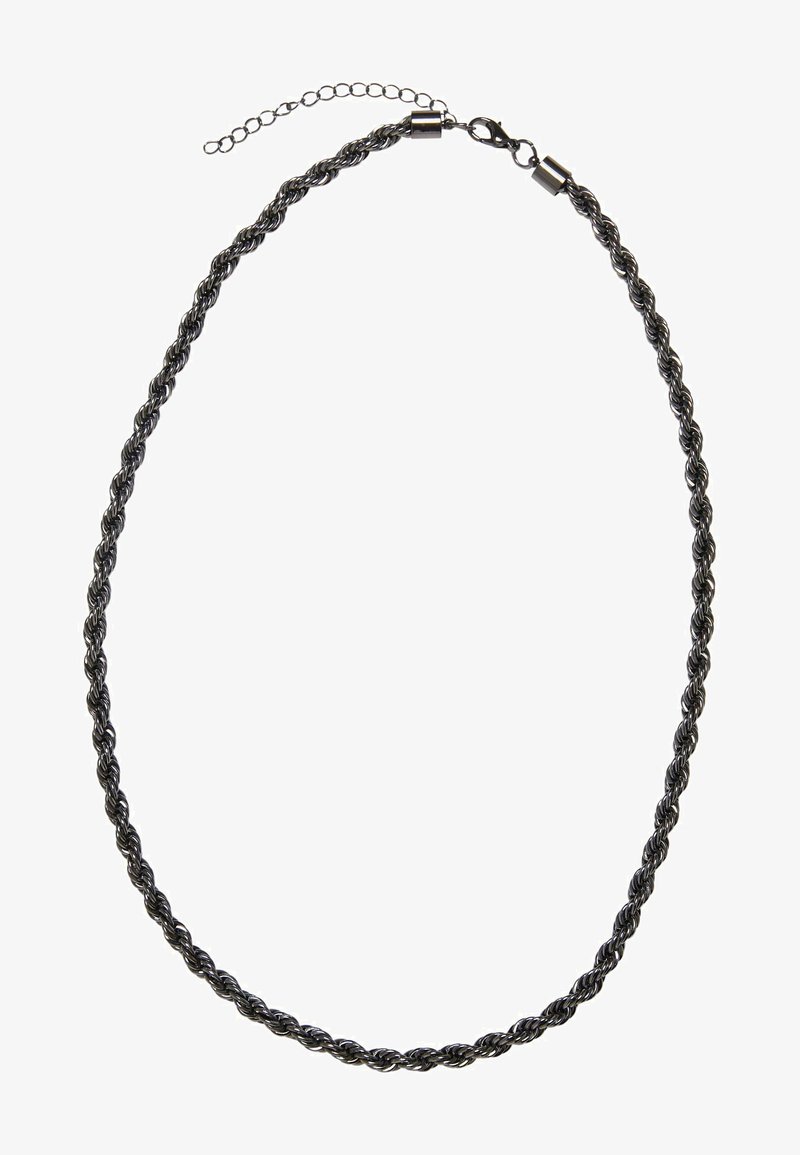 Sort tvistet metal kædedesign med en krabbe-lås og forlængerkæde. Har en tekstureret overflade og en subtil glød.