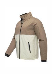 Giacca bicolore beige e crema con zip frontale completa, tasche laterali con zip, collo alto e polsini a coste sulle maniche.