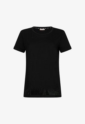 T-shirt nera realizzata in morbido tessuto, con scollo a girocollo e maniche corte. Il bordo inferiore presenta un motivo decorativo di punti lucidi.