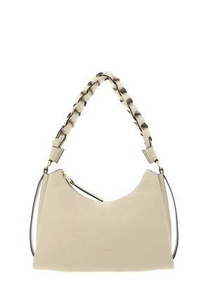 Beige leather handbag with braided handle, gold zipper, and slim shoulder strap.