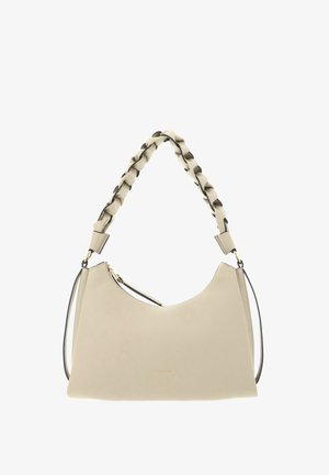 Beige leather handbag with braided handle, gold zipper, and slim shoulder strap.