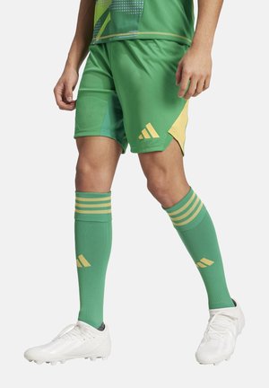 Groene sportshorts met gele accenten, gecombineerd met groene knielange sokken met gele strepen, en witte voetbalschoenen.