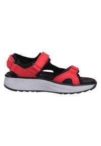Red and black adjustable sandal featuring a cushioned insole, thick white sole with textured grip, and open design for breathability.