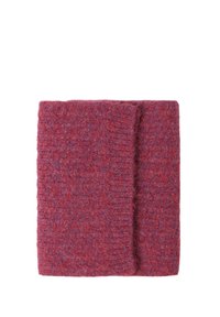 Wollen sjaal in een rijke bordeauxrode kleur met een gestructureerd gebreid patroon. Afmetingen wijzen op een rechthoekige vorm met een detail van een gevouwen rand.