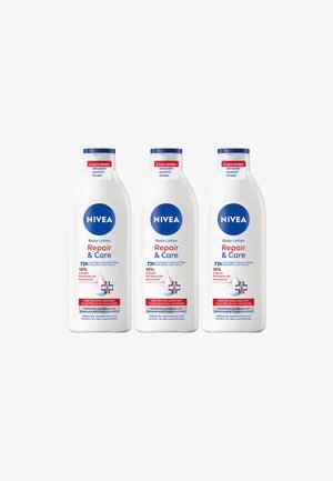 Three Nivea Repair & Care body lotion bottles with 72h hydration, glycerin, provitamin B5, and niacinamide for very dry, rough skin.