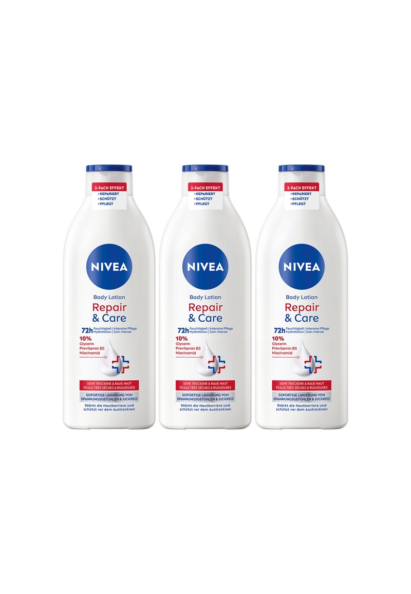 Three Nivea Repair & Care body lotion bottles with 72h hydration, glycerin, provitamin B5, and niacinamide for very dry, rough skin.