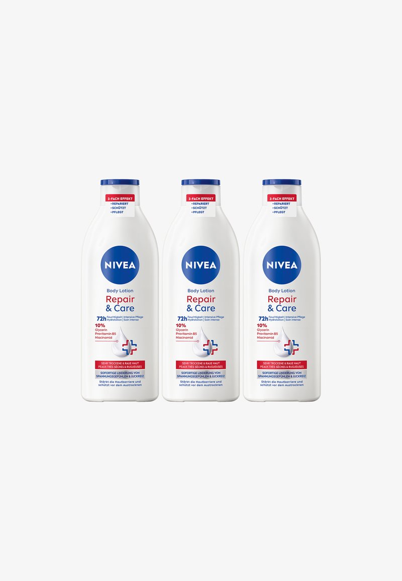 Three Nivea Repair & Care body lotion bottles with 72h hydration, glycerin, provitamin B5, and niacinamide for very dry, rough skin.
