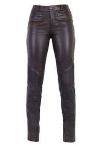 Donkerbruine leren broek met een slim fit, voorzien van ritssluitingen aan de voorkant en textuuraccenten op de knieën. Glad oppervlak met glans.