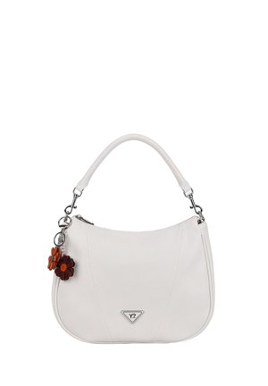 Borsa a tracolla in pelle bianca con manico singolo superiore, chiusura argentata e portachiavi decorativi a forma di fiore marrone su sfondo bianco.
