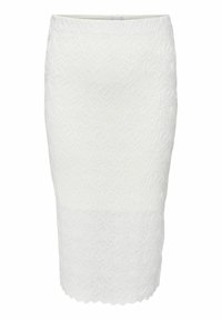 Witte kokerrok met een gestructureerd spiraalpatroon, boven de knie lengte en een gegolfde zoom. Gemaakt van een lichte, ademende stof.