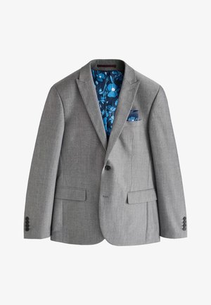 Grijze blazer met knoopsluiting, schuine revers, klepzakken en een binnenvoering met blauwe bloemenprint, zichtbaar aan de binnenkant en in het pochet in de borstzak.