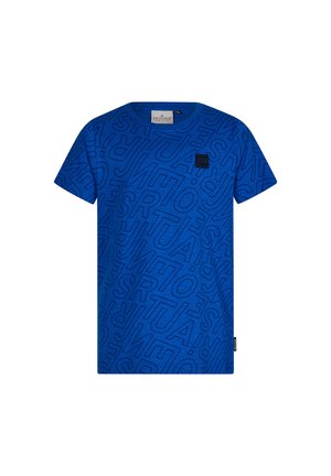 T-shirt in cotone blu con un motivo testurizzato di lettere in grassetto e sovrapposte. Maniche corte e colletto a girocollo. Piccolo dettaglio del logo nero sul petto.