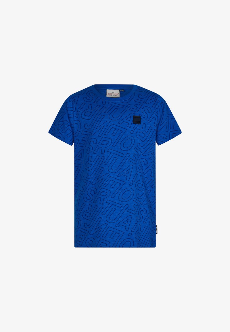 Blaues Baumwoll-T-Shirt mit einem strukturierten Muster aus fetten, überlappenden Buchstaben. Kurze Ärmel und runder Halsausschnitt. Kleines schwarzes Logo-Detail auf der Brust.