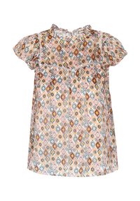 Bluză cu mânecă scurtă dintr-un material ușor, având un model geometric multicolor în nuanțe de roz, portocaliu și verde. Detaliu cu volănaș la gât.