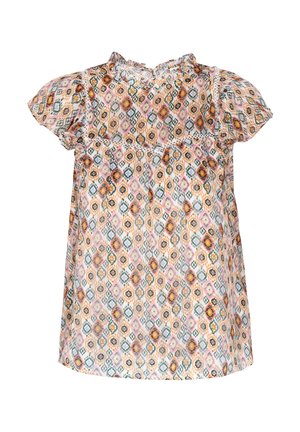 Bluzica kratkih rukava od laganog materijala s multi-bojnim geometriskim uzorkom u ružičastoj, narančastoj i zelenoj boji. Detalj na ovratniku s volanima.