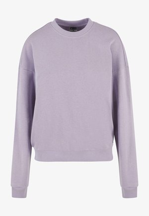 Lāvender krāsas sporta krekls, izgatavots no mīksta auduma, ar apaļu kakla izgriezumu, nolaižamām plecu šuvēm un ribotām aprocēm, ar brīvu piegriezumu.