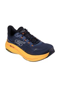 Men's running shoe in navy and orange. Features breathable mesh upper, padded collar, and thick, cushioned sole for support.