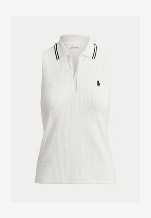 Fehér ujjatlan póló felső texturált kötött kábelmintával, cipzáras nyakkal és tengerészkék csíkos gallérral. Hímzett logó díszítés.