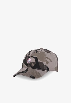 Casquette à motif camouflage en coton gris et noir, avec un écusson rond à logo à l'avant. Conception classique à six panneaux avec une visière courbée.