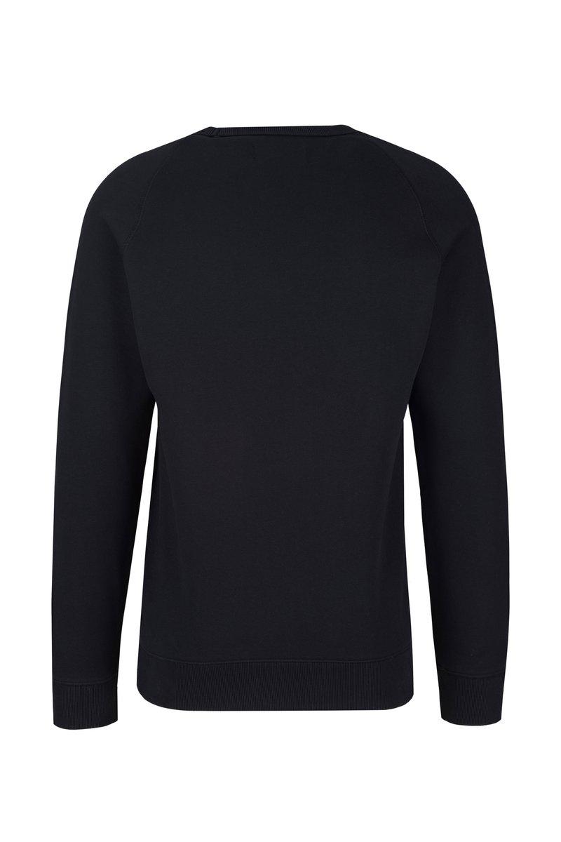 Zwarte sweatshirt met lange mouwen, ribbelmanchetten en onderrand, gladde textuur, ronde hals en een eenvoudige, onopvallende stijl.