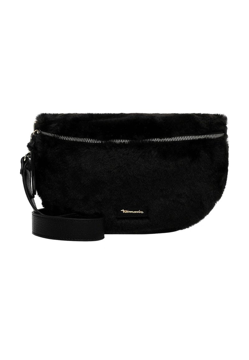 Borsa a tracolla in pelliccia sintetica nera con chiusura con zip, design piatto e superficie testurizzata. Dotata di una tracolla nera removibile e di un dettaglio con logo.