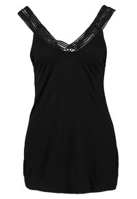 Black tank top with a V-neckline and wide, lace-trimmed straps. Made of soft fabric with a fitted shape and slight stretch.