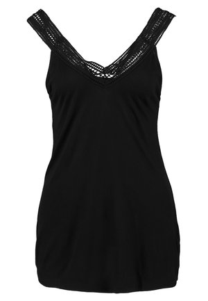 Schwarzes Tanktop mit V-Ausschnitt und breiten, mit Spitze verzierten Trägern. Aus weichem Stoff gefertigt, mit figurnaher Passform und leichtem Stretch.