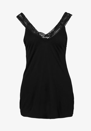 Zwarte tanktop met een V-hals en brede schouderbanden van kant. Gemaakt van zachte stof met een aansluitende pasvorm en een lichte stretch.
