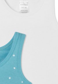 Two sleeveless cotton tops for children, one solid white and one blue with small white star prints, size 3-4 years.