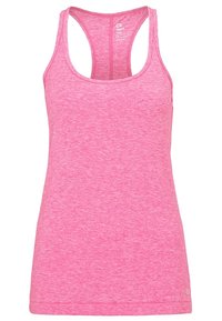 Rosa linne tillverkat av lätt, texturerad tyg. Har en racerback-design och är utan ärmar. Enkelt, sömlöst avslut.