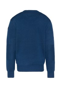 Blauer Pullover mit Rundhalsausschnitt und gerippten Details an den Ärmeln und Bündchen. Hergestellt aus einem strukturierten Strickstoff.