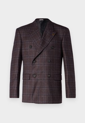 Dunkelbraune karierte Doppelreiher-Blazer. Verfügt über zwei vordere Taschen und schwarze Knöpfe. Gefüttertes Innenfutter mit einem Reverskragen.