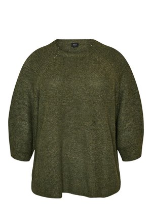 Sweter z dzianiny w ciemnozielonym kolorze z okrągłym dekoltem i rękawami do łokcia, wykonany z teksturowanej, przytulnej tkaniny.
