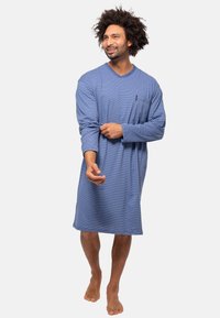 Abito a maniche lunghe a righe blu e bianche con scollatura a V, dotato di una piccola tasca. Tessuto morbido con vestibilità comoda, lunghezza fino al ginocchio.