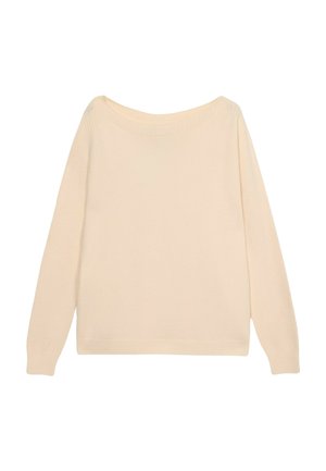 Helles beige Sweatshirt aus weichem Strickstoff. Hat einen weiten, schulterfreien Ausschnitt und lange Ärmel mit gerippten Bündchen.