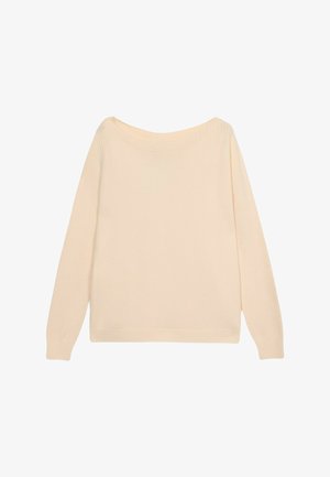 Suéter de un beige claro, confeccionado en suave tejido de punto. Presenta un amplio cuello caído y mangas largas con puños acanalados.