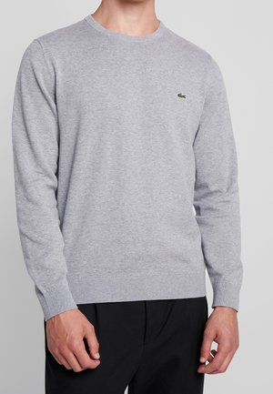 Homme portant un pull léger gris clair à col rond avec un petit logo de crocodile vert sur la poitrine, assorti à un pantalon noir.